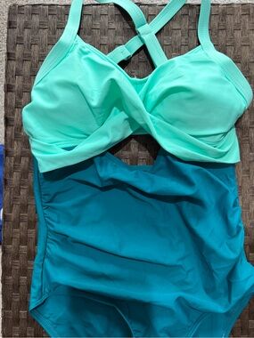 Twist-Front One-Piece Swimsuit in Mint and Teal